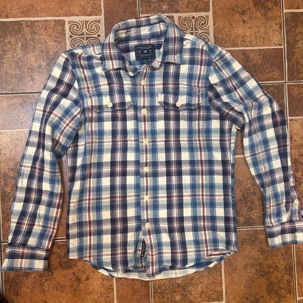 American Eagle Outfitters Blue and White Plaid Shirt